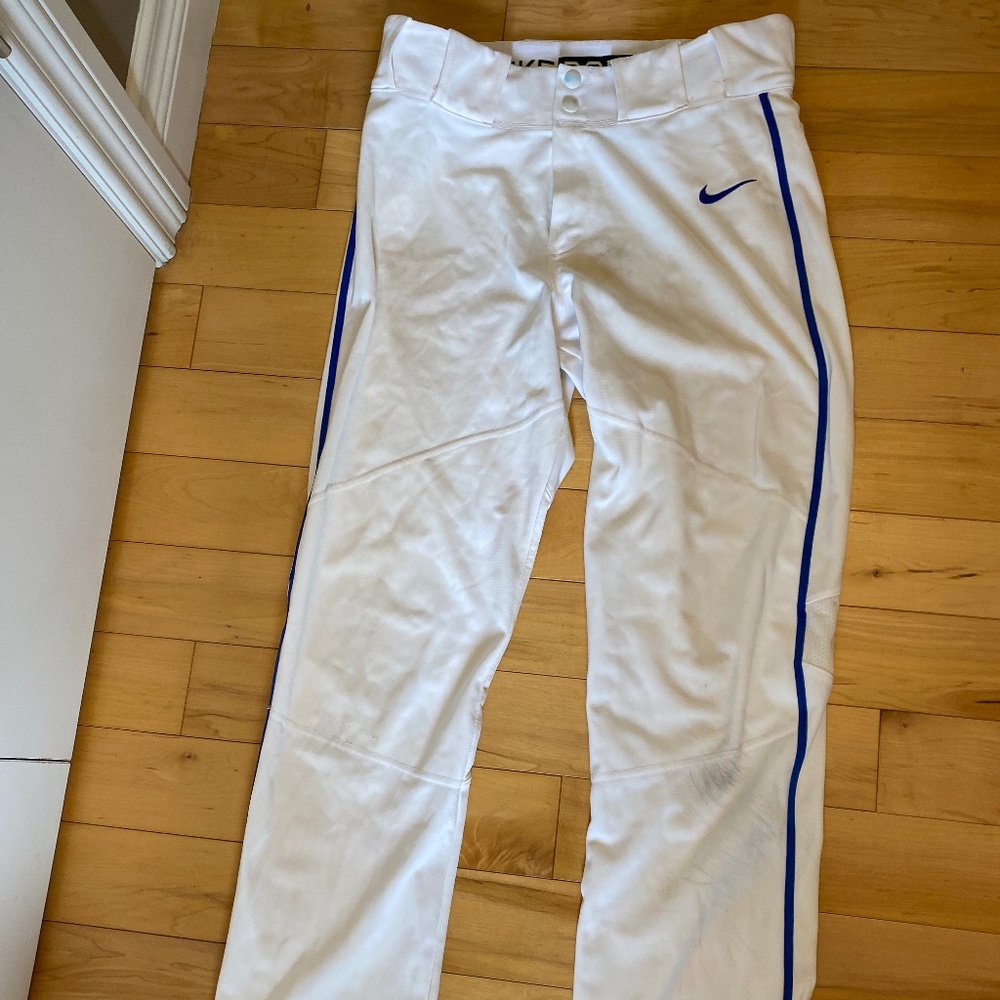 USED NIKE VAPOR BASEBALL PANTS - MENS SMALL WHITE WITH BLUE PIPING